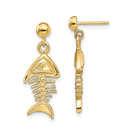 14k Yellow Gold Fishbone Dangle Earrings with Whimsical Skeleton Design