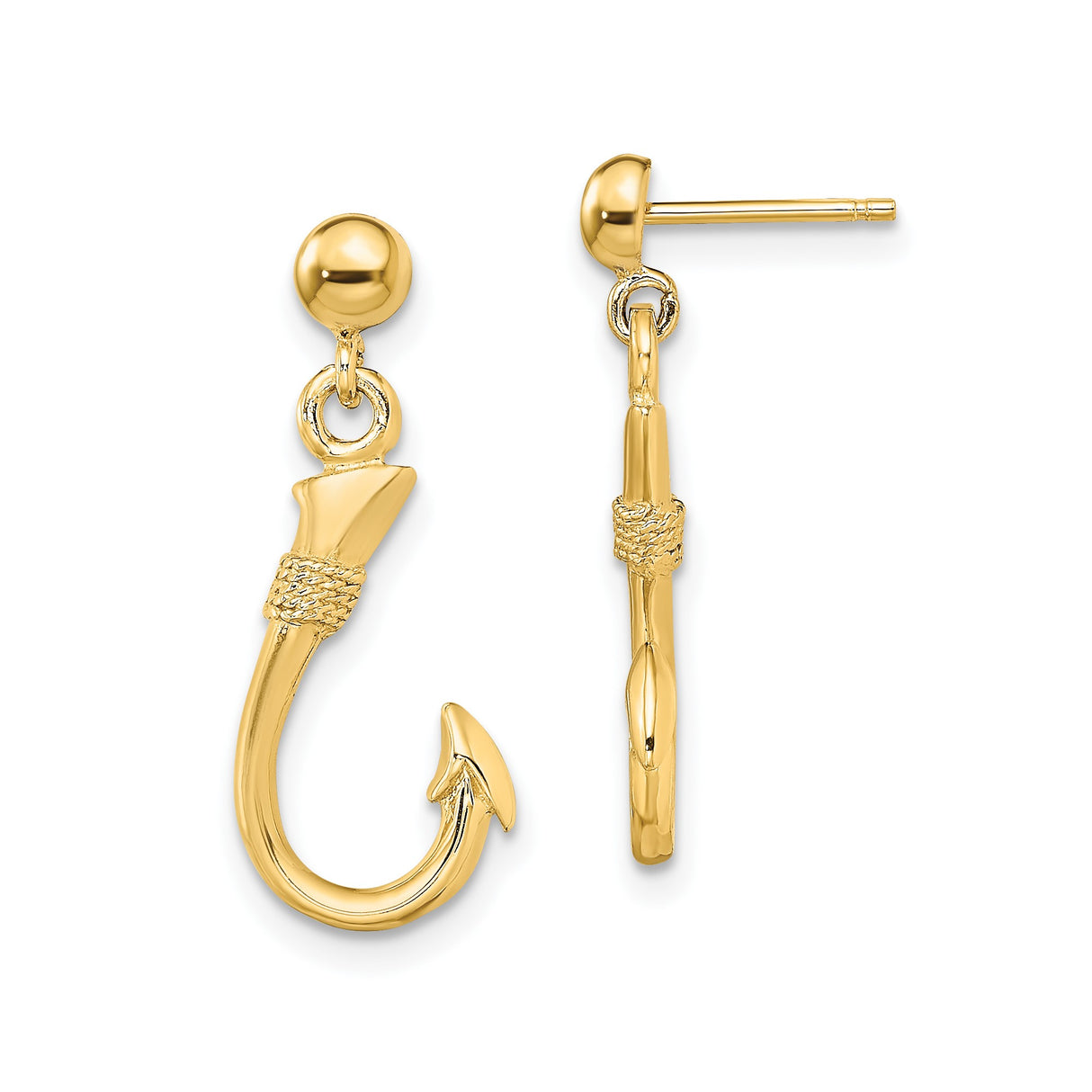 14k Yellow Gold Fishhook Dangle Earrings with Nautical Design