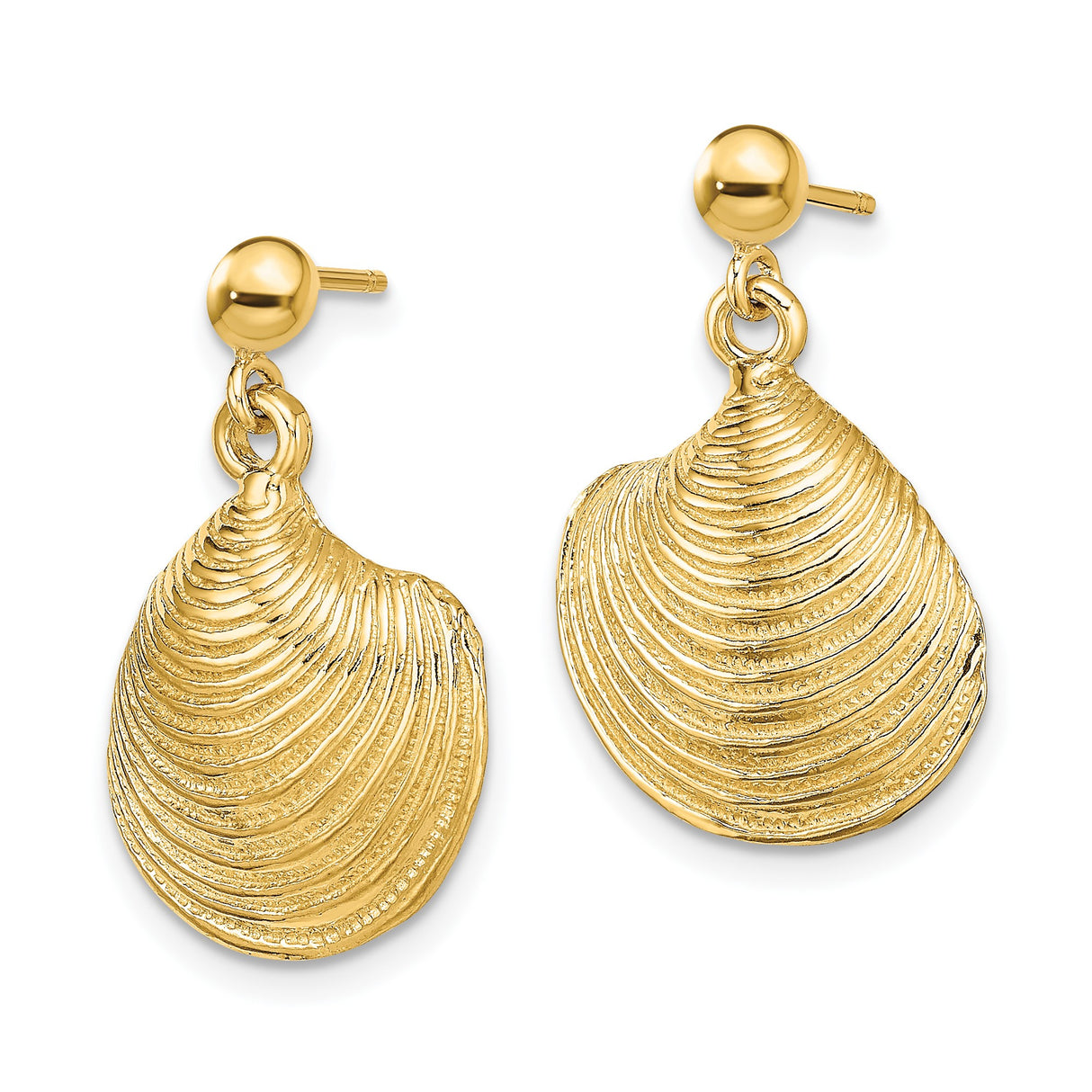 14k Yellow Gold Seashell Drop Earrings with Clamshell Charms, Ocean Inspired Design