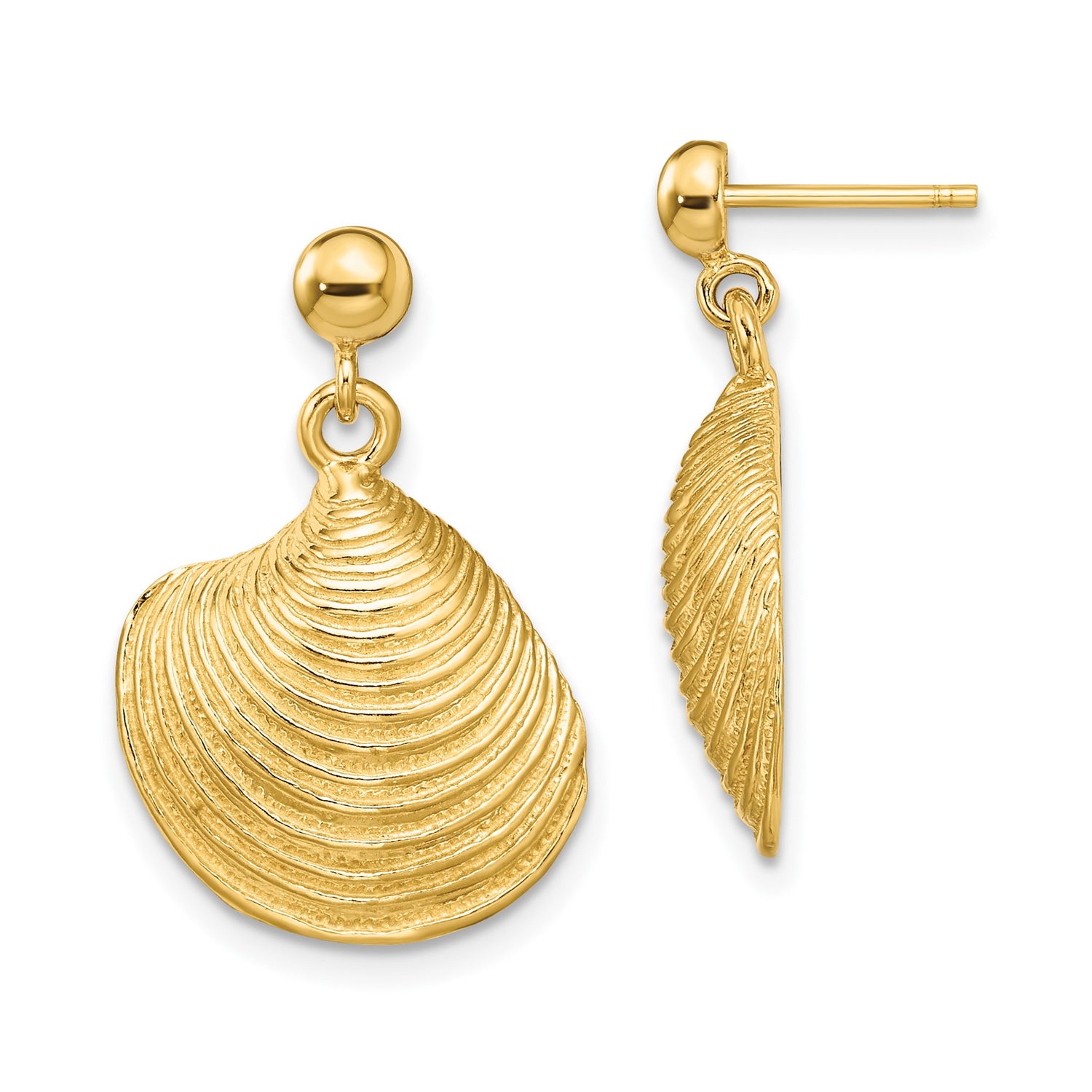 14k Yellow Gold Seashell Drop Earrings with Clamshell Charms, Ocean Inspired Design