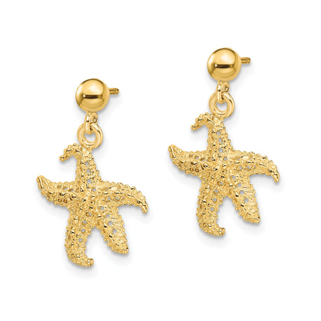 14k Yellow Gold Starfish Dangle Earrings, Ocean-Inspired Nautical Drop Jewelry for Women