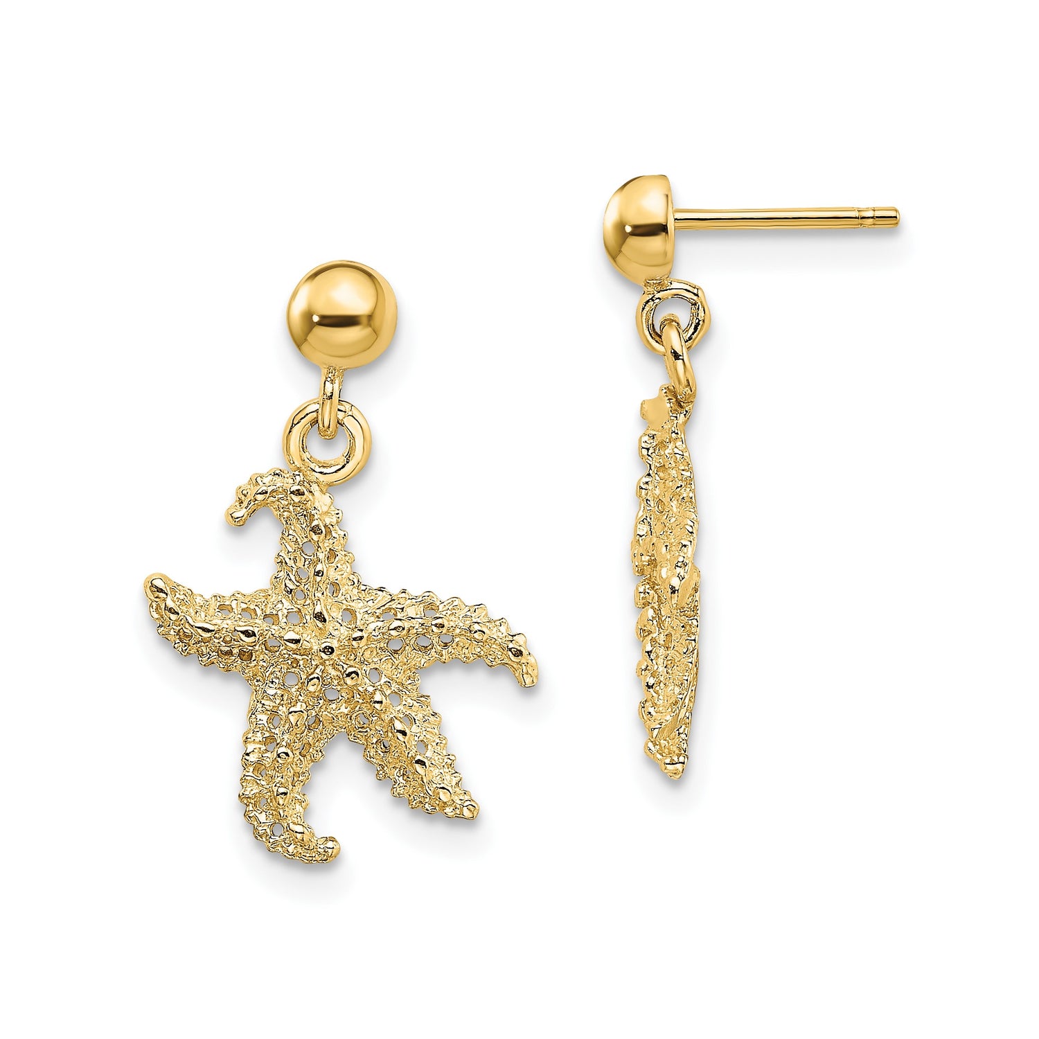 14k Yellow Gold Starfish Dangle Earrings, Ocean-Inspired Nautical Drop Jewelry for Women