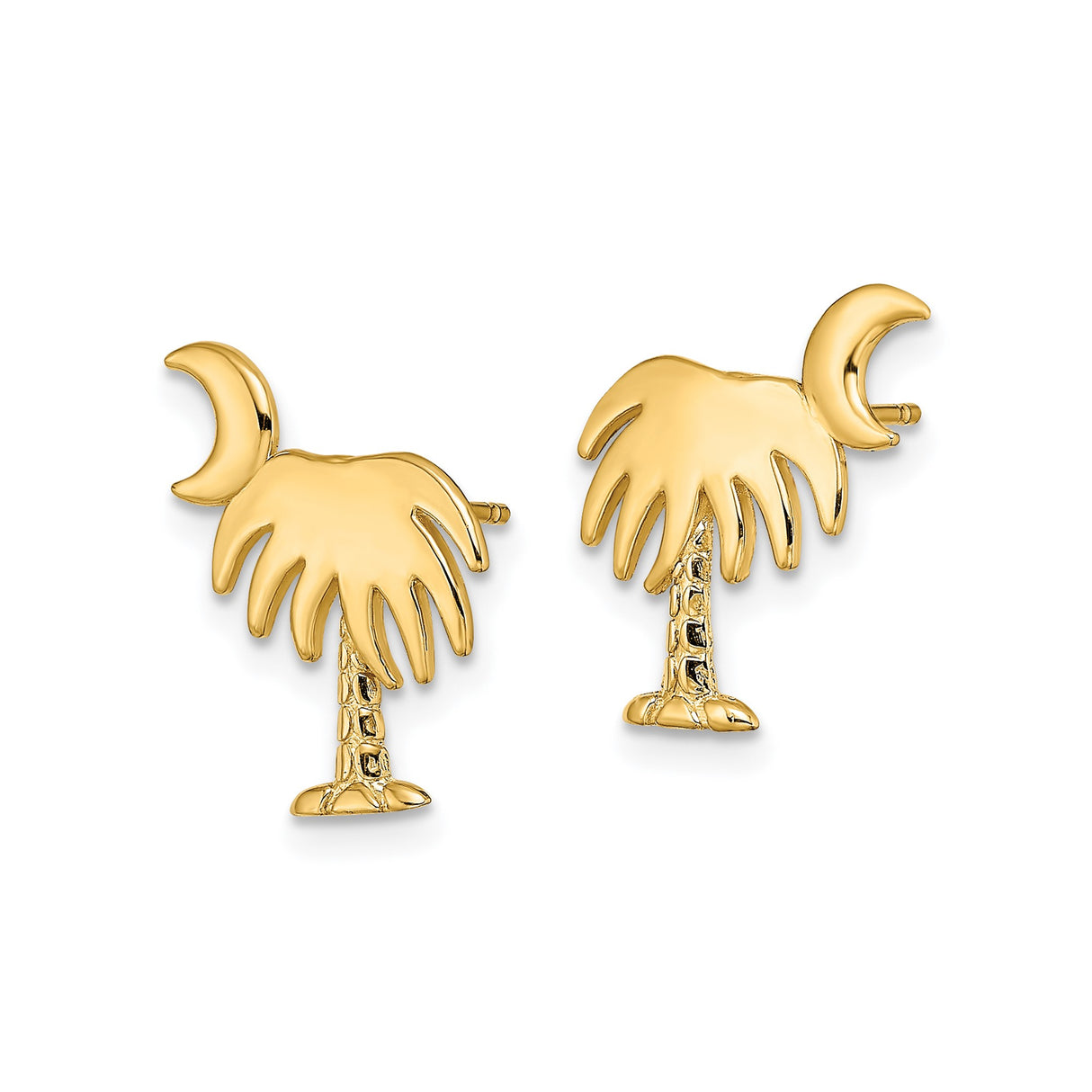 14k Yellow Gold Crescent Moon Palmetto Tree Stud Earrings, South Carolina Symbol Design