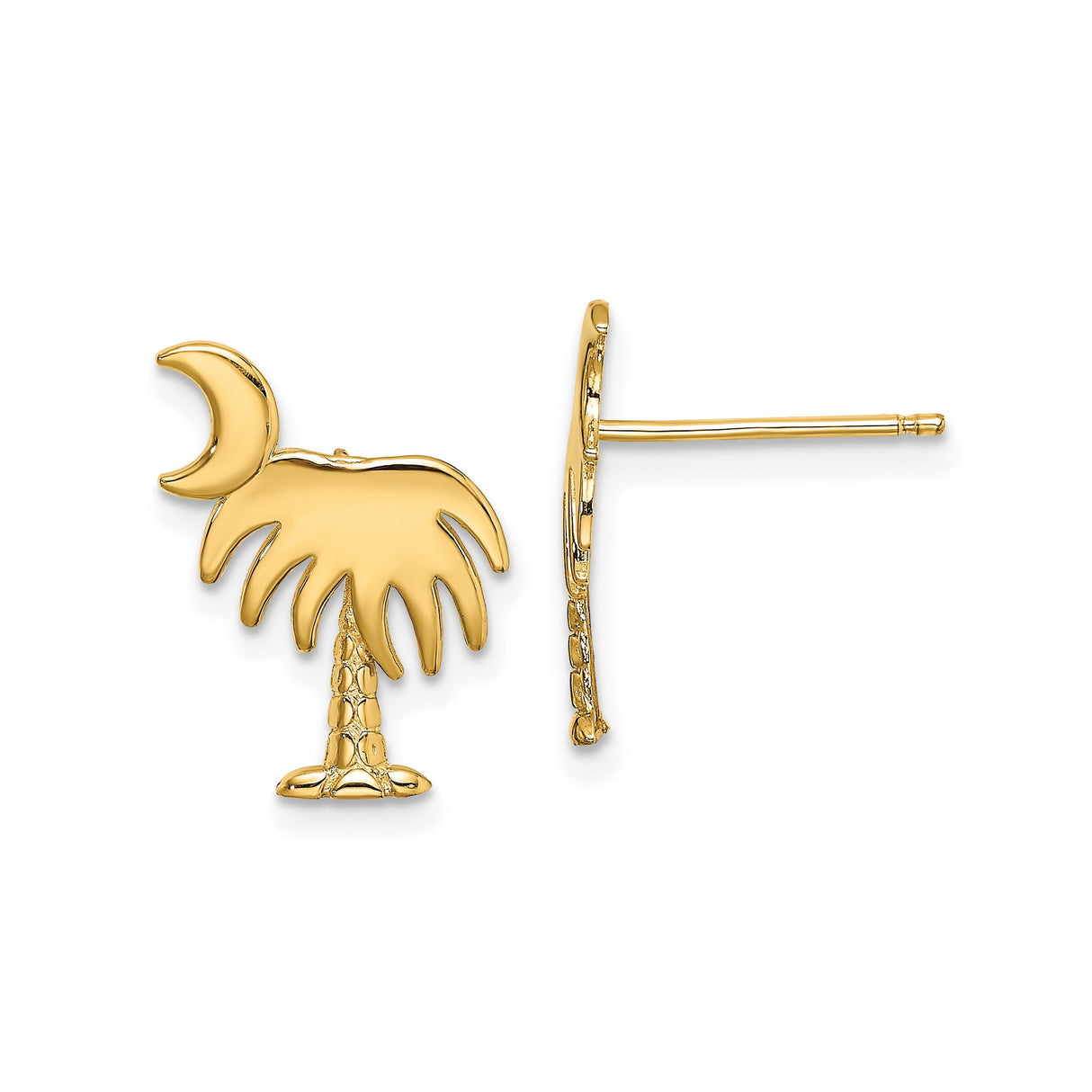 14k Yellow Gold Crescent Moon Palmetto Tree Stud Earrings, South Carolina Symbol Design