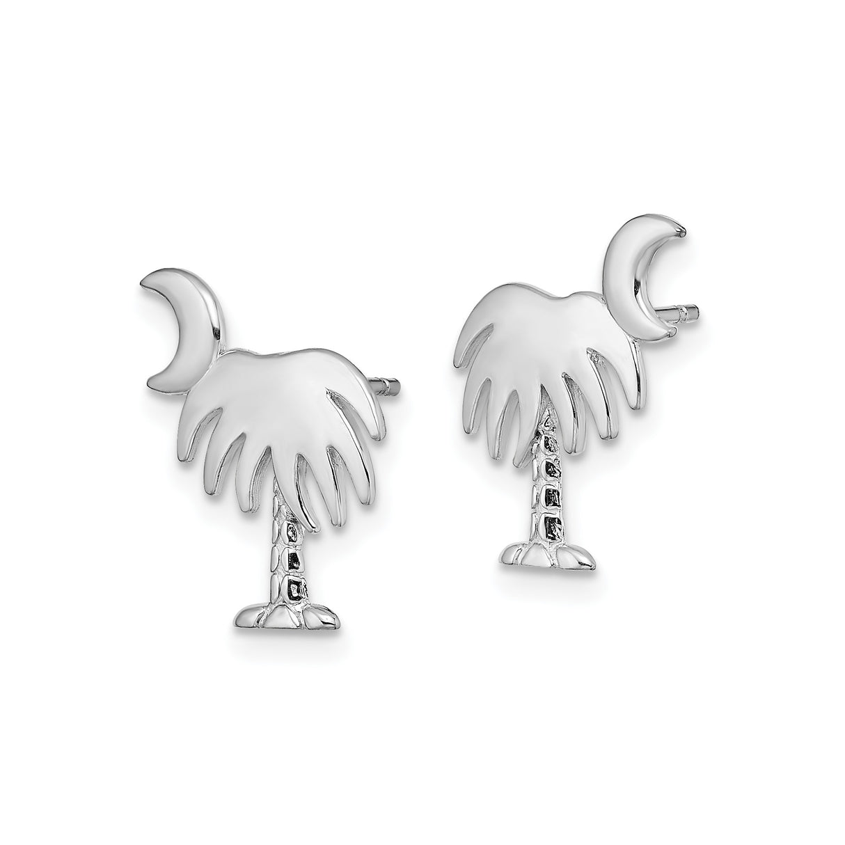 14k White Gold Stud Earrings with Palm Tree and Crescent Moon Design