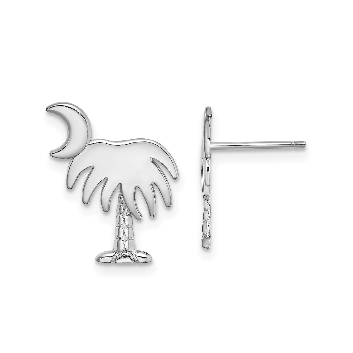 14k White Gold Stud Earrings with Palm Tree and Crescent Moon Design