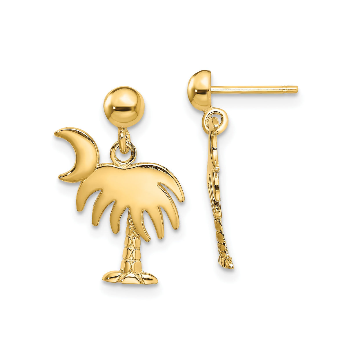 14k Yellow Gold Dangle Earrings with Palm Tree and Crescent Moon Design for Women