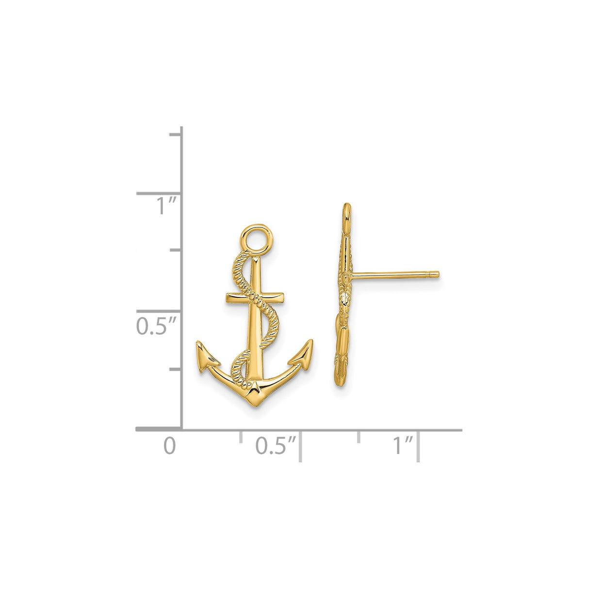 14k Yellow Gold Anchor Earrings with Rope Design, Nautical Christian Studs for Women