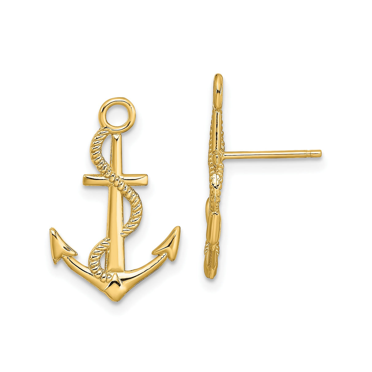 14k Yellow Gold Anchor Earrings with Rope Design, Nautical Christian Studs for Women