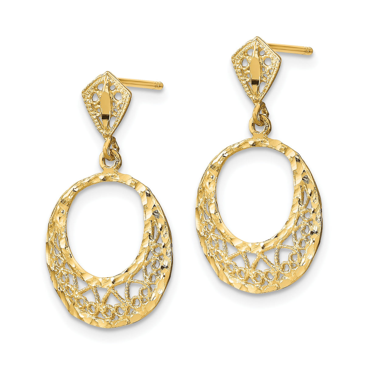 14k Yellow Gold Drop Earrings with Openwork Circular Filigree and Hammered Texture