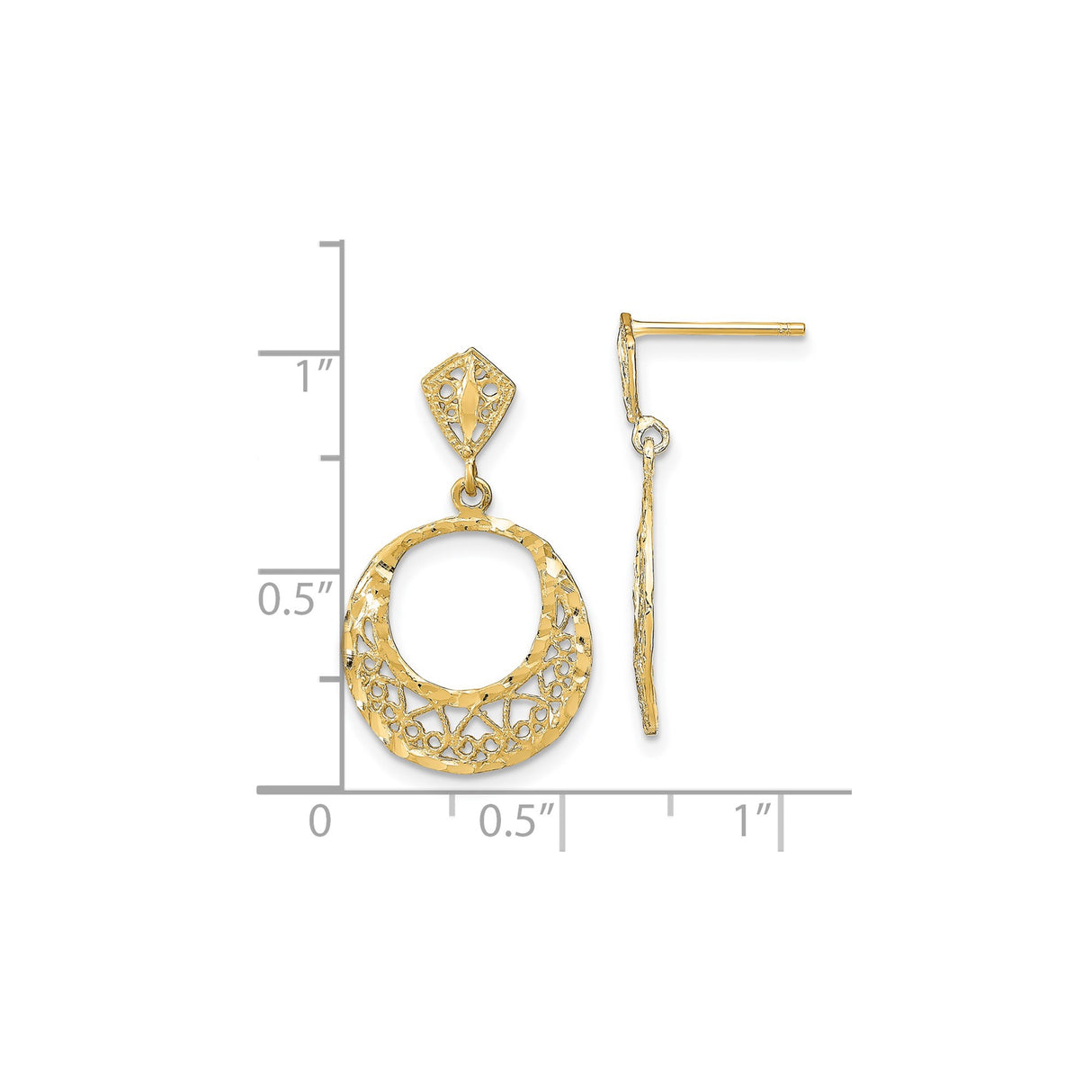 14k Yellow Gold Drop Earrings with Openwork Circular Filigree and Hammered Texture