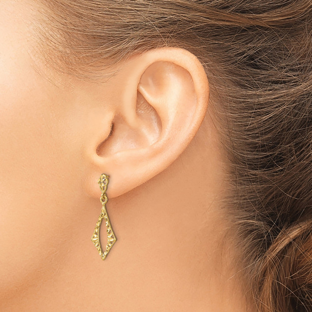 14k Yellow Gold Dangle Earrings, Open Diamond Shape Filigree, Textured Drop Style