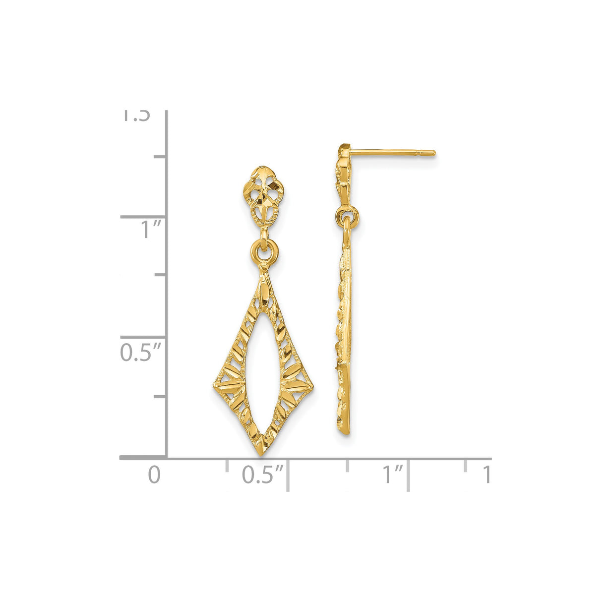 14k Yellow Gold Dangle Earrings, Open Diamond Shape Filigree, Textured Drop Style