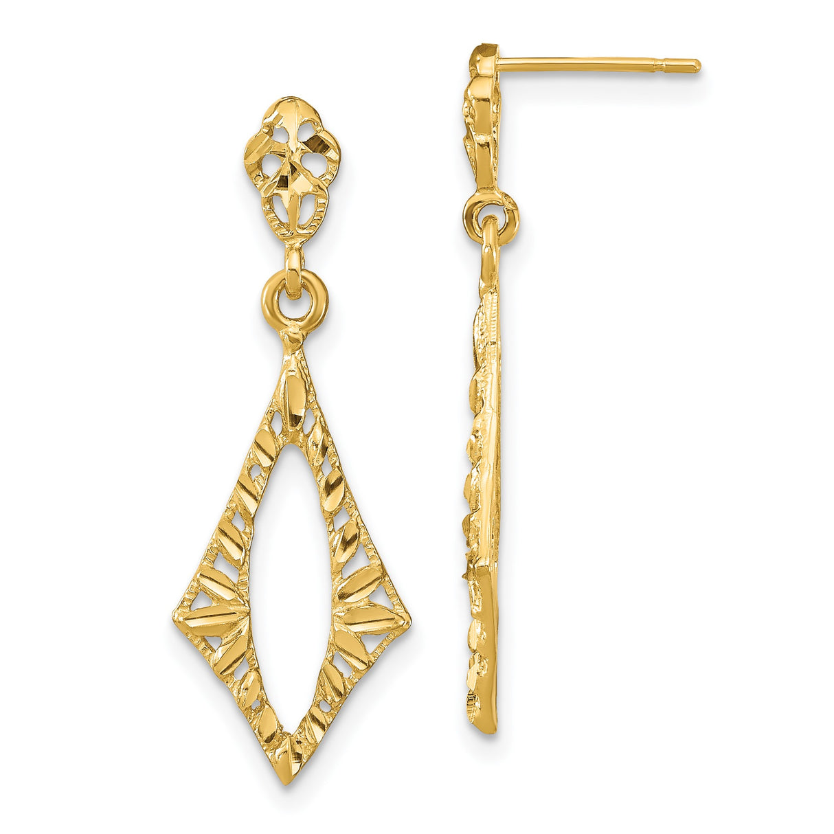 14k Yellow Gold Dangle Earrings, Open Diamond Shape Filigree, Textured Drop Style