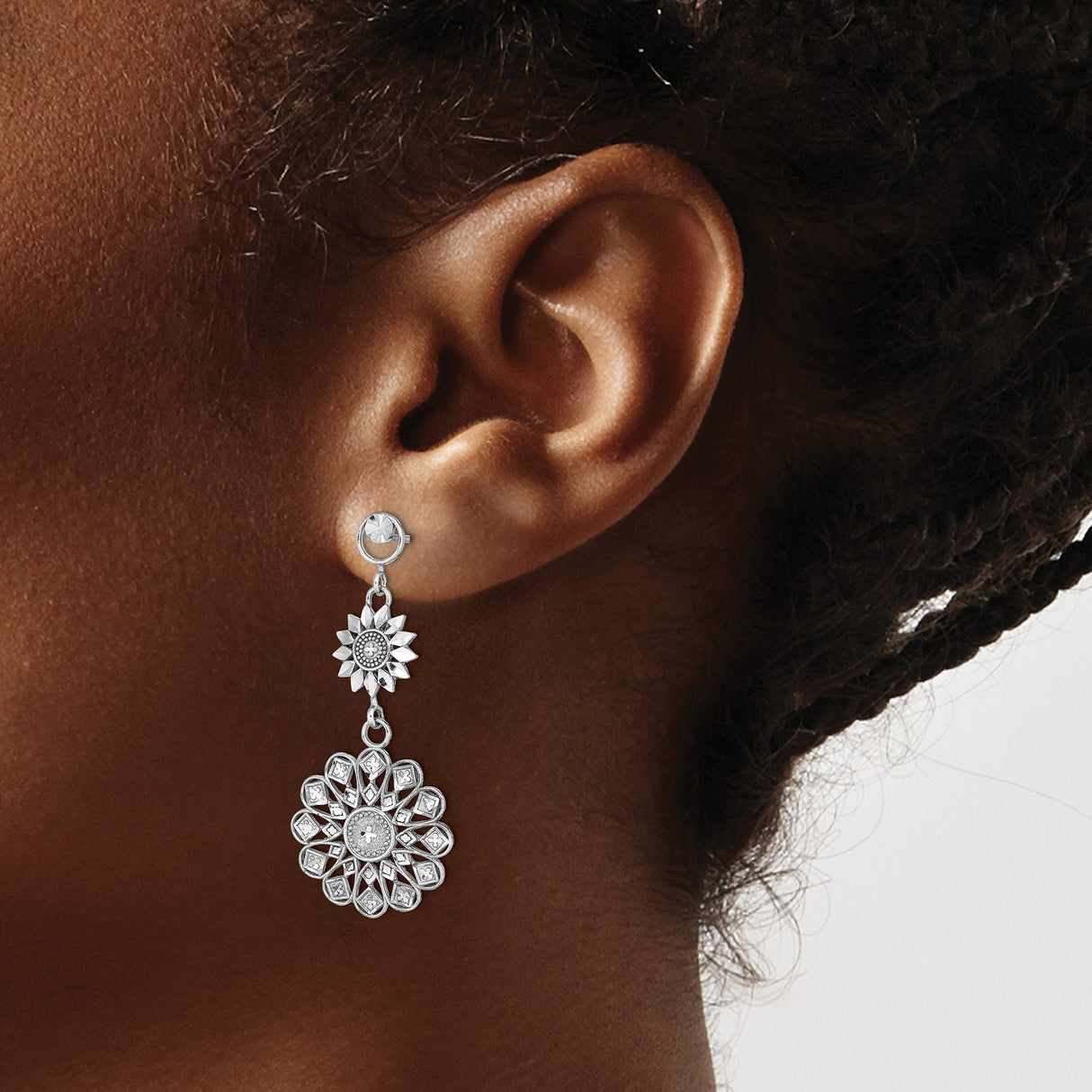 14k White Gold Dangle Earrings with Floral Mandala Design and Etched Cross Motifs
