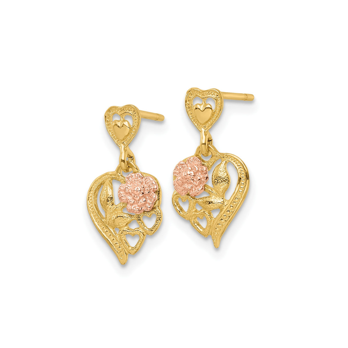 14k Two-Tone Gold Dangle Earrings, Floral Heart Design with Cutout Accents for Women