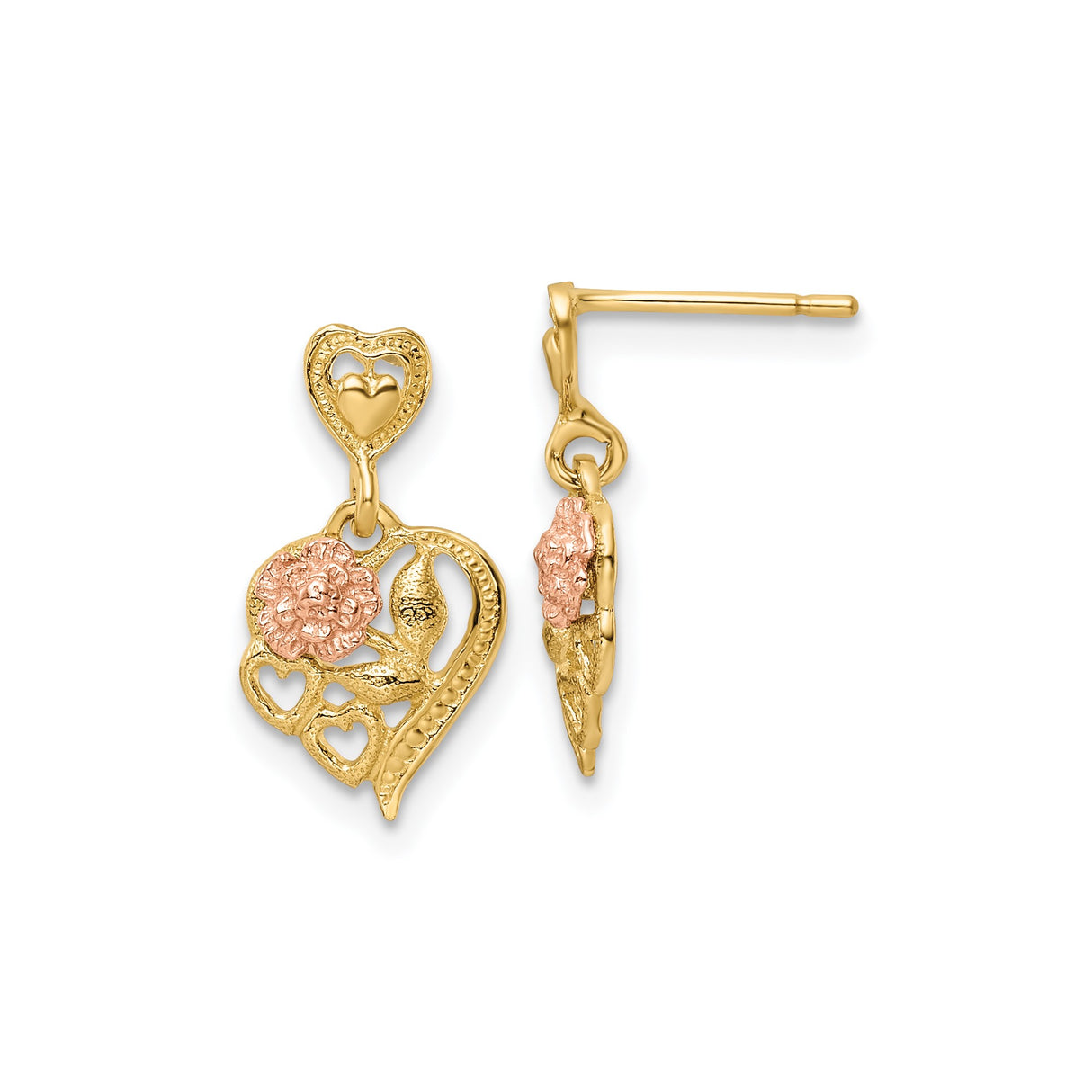 14k Two-Tone Gold Dangle Earrings, Floral Heart Design with Cutout Accents for Women