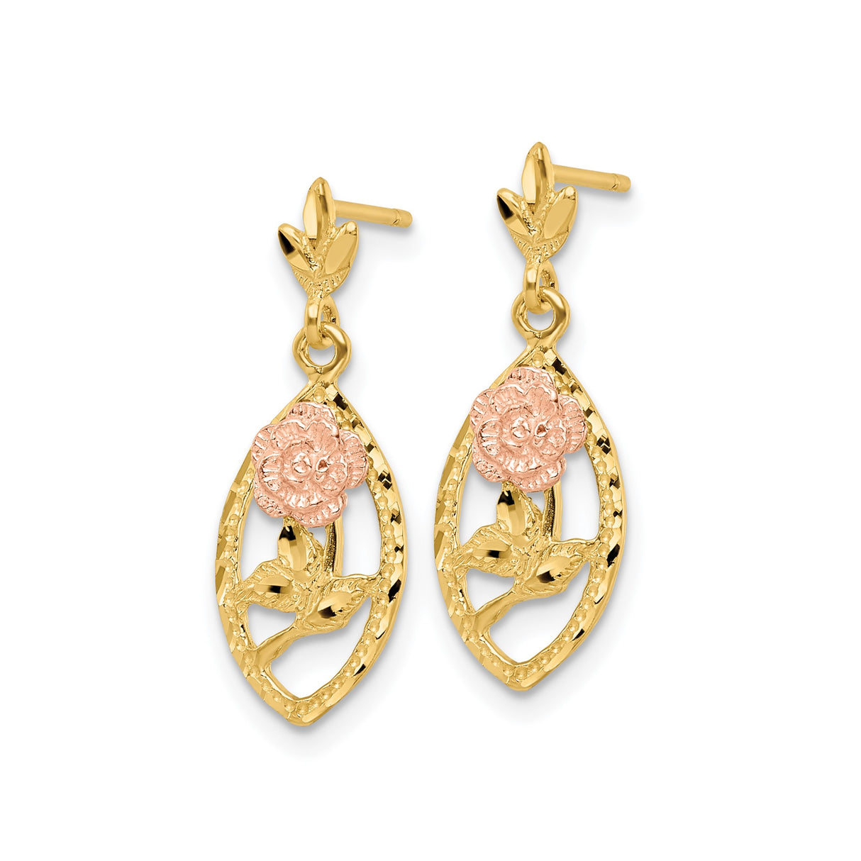 14k Two-Tone Gold Dangle Earrings with Rose Flower and Textured Leaf Design
