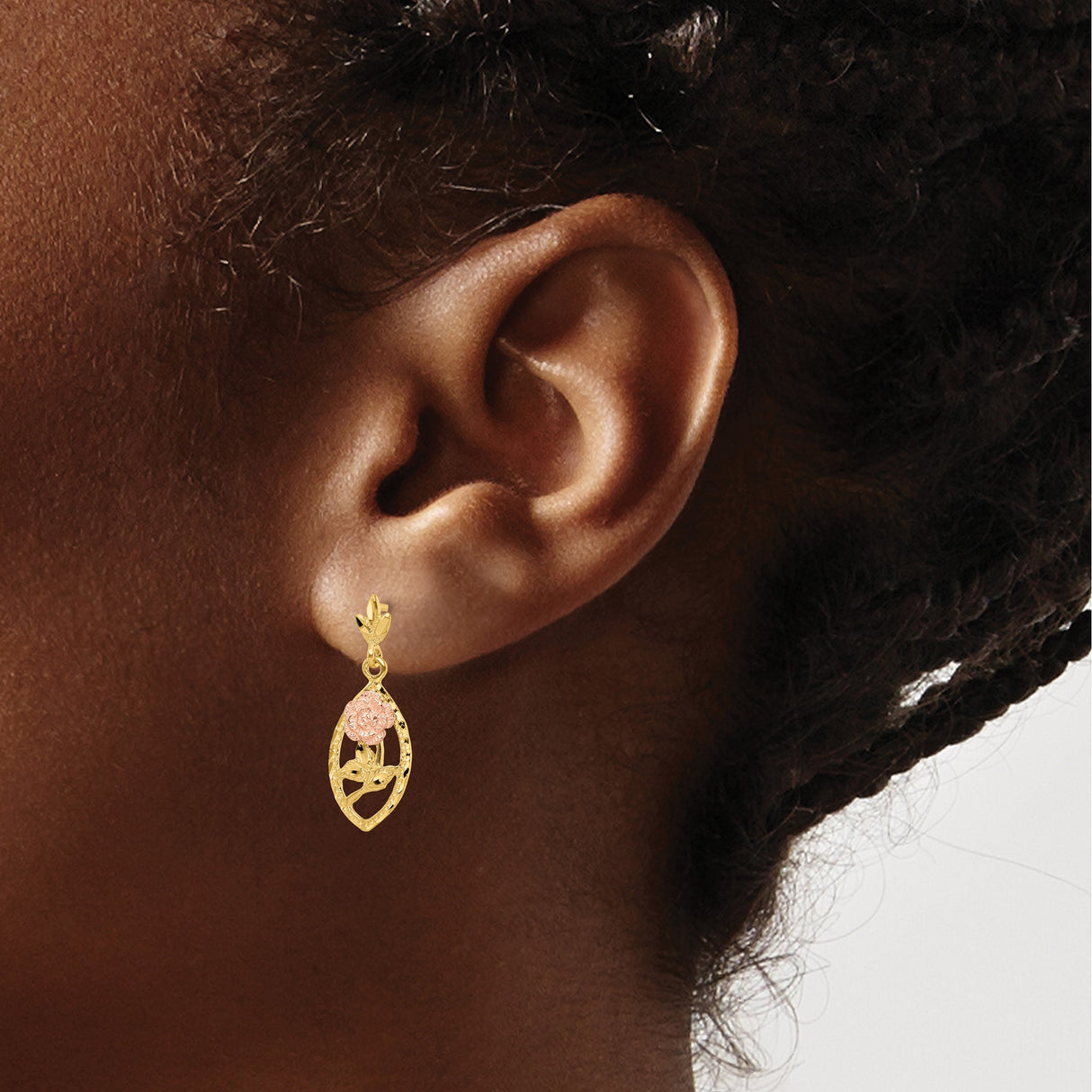 14k Two-Tone Gold Dangle Earrings with Rose Flower and Textured Leaf Design
