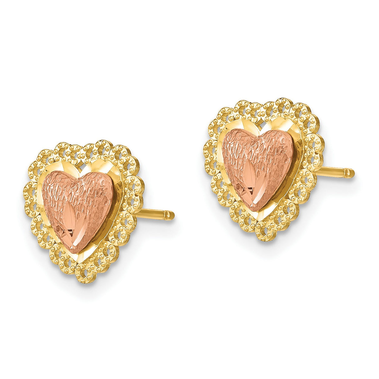 14k Two Tone Gold Heart Stud Earrings with Textured Rose Gold Center and Filigree Border