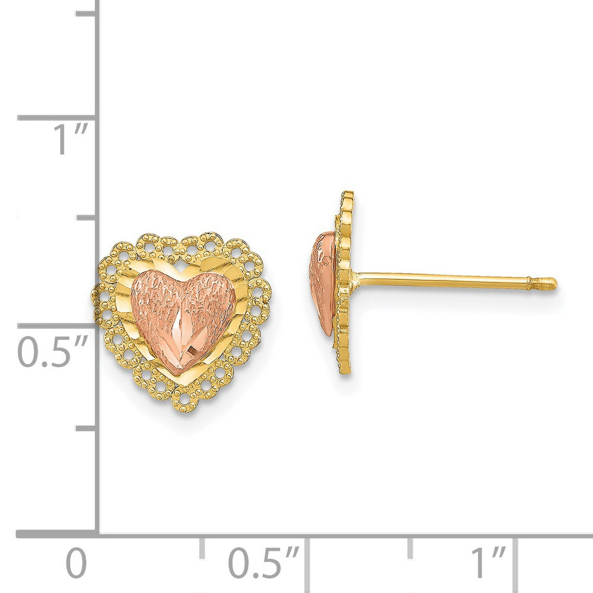 14k Two Tone Gold Heart Stud Earrings with Textured Rose Gold Center and Filigree Border