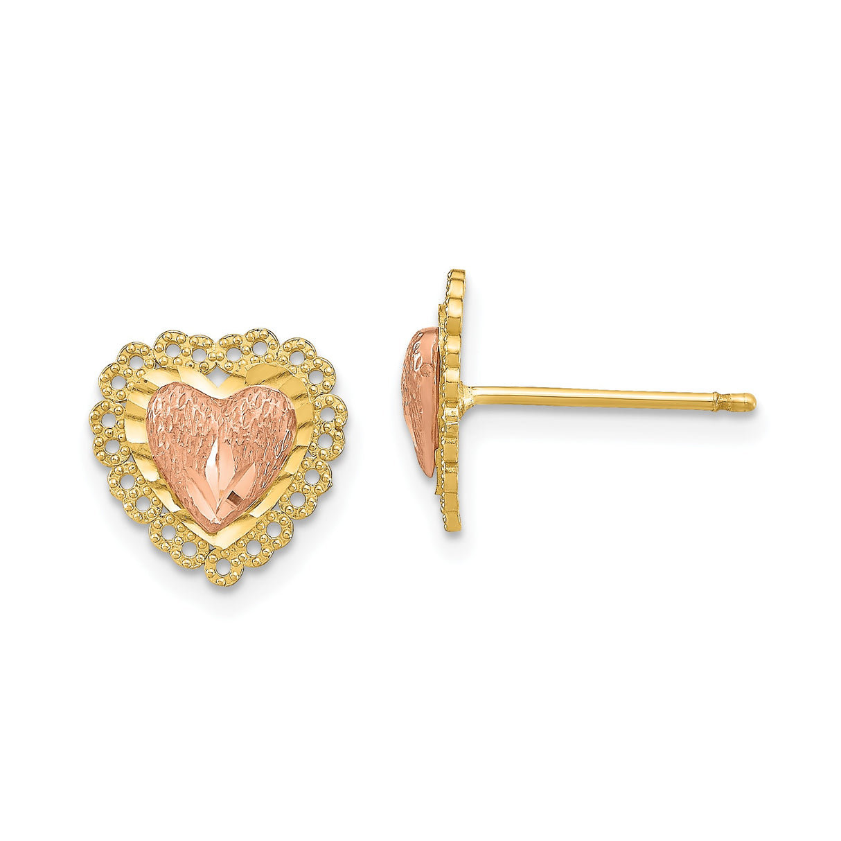 14k Two Tone Gold Heart Stud Earrings with Textured Rose Gold Center and Filigree Border