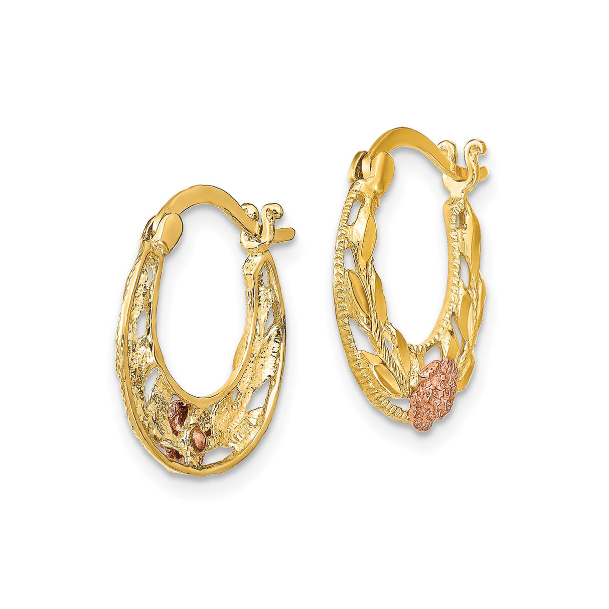 14k Two-Tone Gold Hoop Earrings with Rose Gold Floral Leaf Design for Women