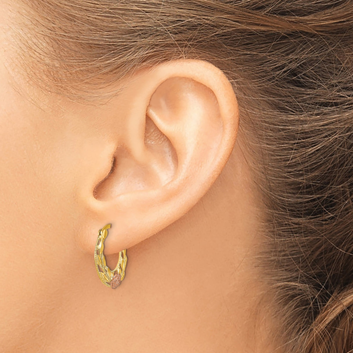 14k Two-Tone Gold Hoop Earrings with Rose Gold Floral Leaf Design for Women