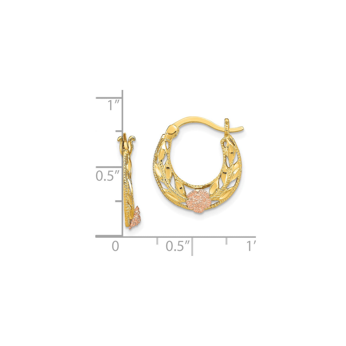 14k Two-Tone Gold Hoop Earrings with Rose Gold Floral Leaf Design for Women
