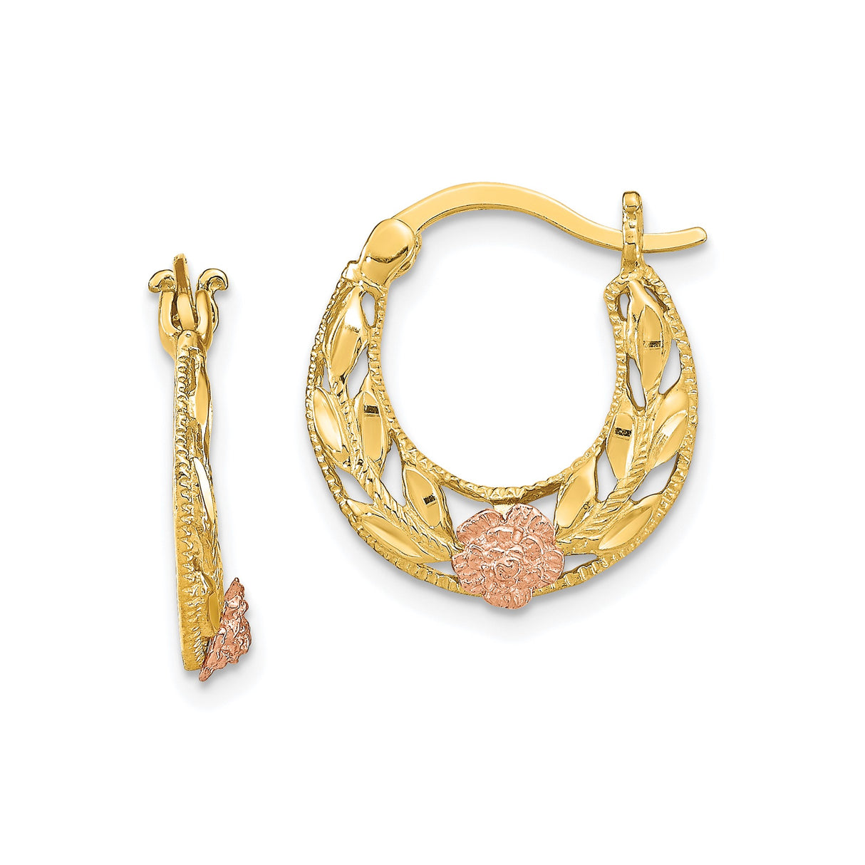 14k Two-Tone Gold Hoop Earrings with Rose Gold Floral Leaf Design for Women