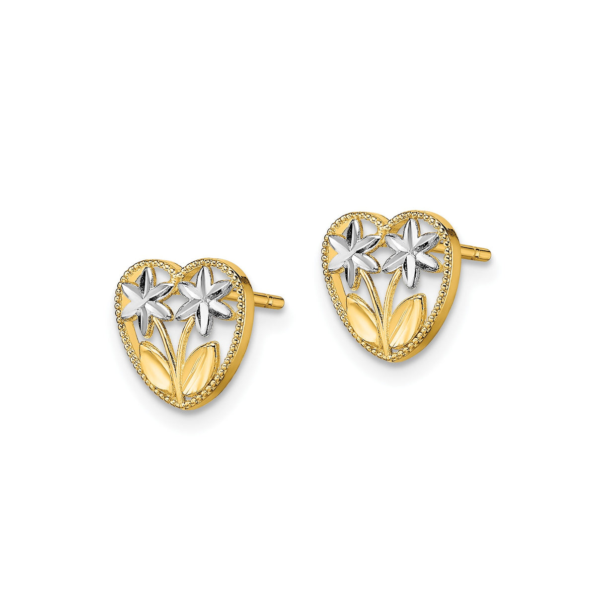 14k Yellow Gold Heart Shaped Flower Stud Earrings, Open Heart Daisy Design