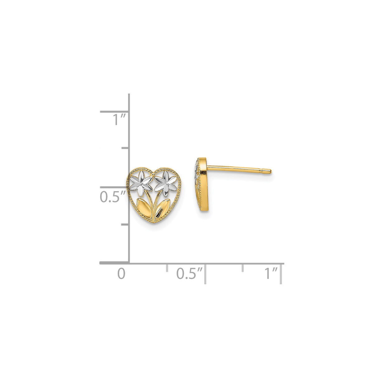 14k Yellow Gold Heart Shaped Flower Stud Earrings, Open Heart Daisy Design