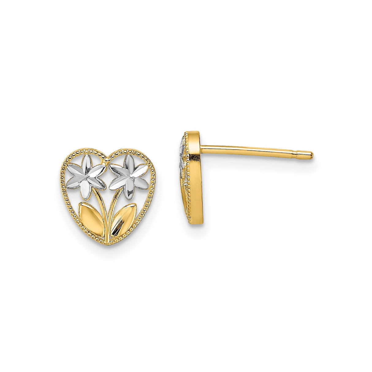 14k Yellow Gold Heart Shaped Flower Stud Earrings, Open Heart Daisy Design