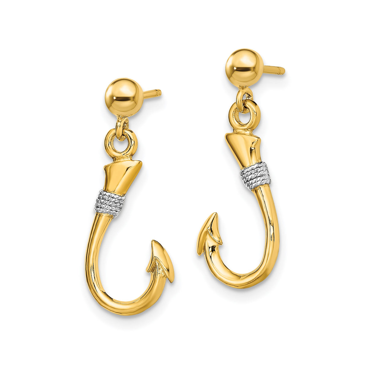 14k Yellow Gold Hook Earrings, Dangle Fishing Hook Design, Nautical Ocean Theme