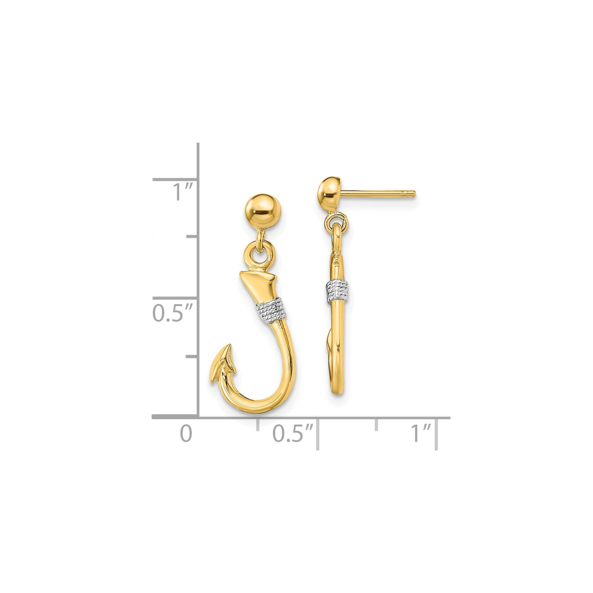 14k Yellow Gold Hook Earrings, Dangle Fishing Hook Design, Nautical Ocean Theme