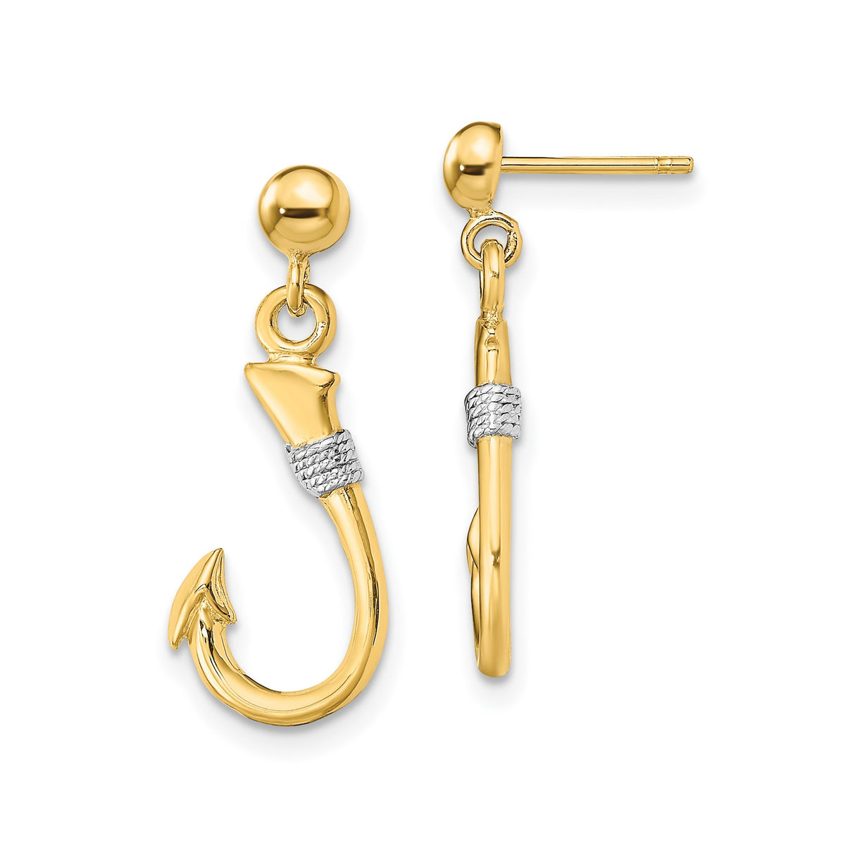 14k Yellow Gold Hook Earrings, Dangle Fishing Hook Design, Nautical Ocean Theme