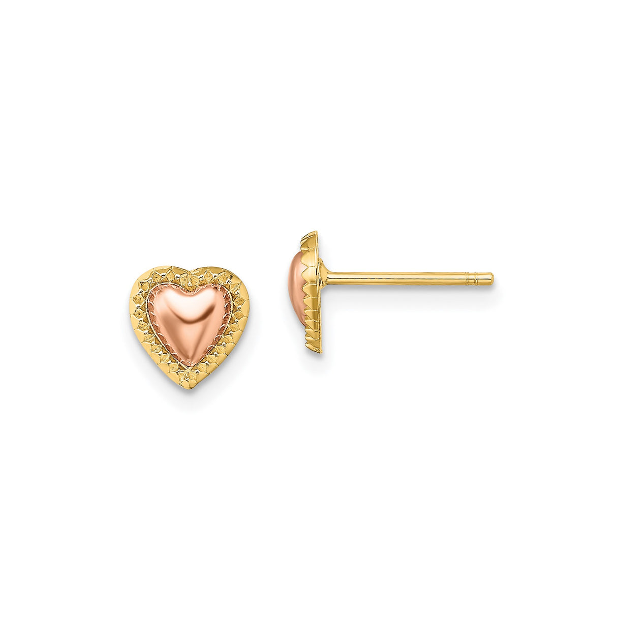 14k Two-Tone Gold Heart Shaped Stud Earrings with Rose and Yellow Gold for Women