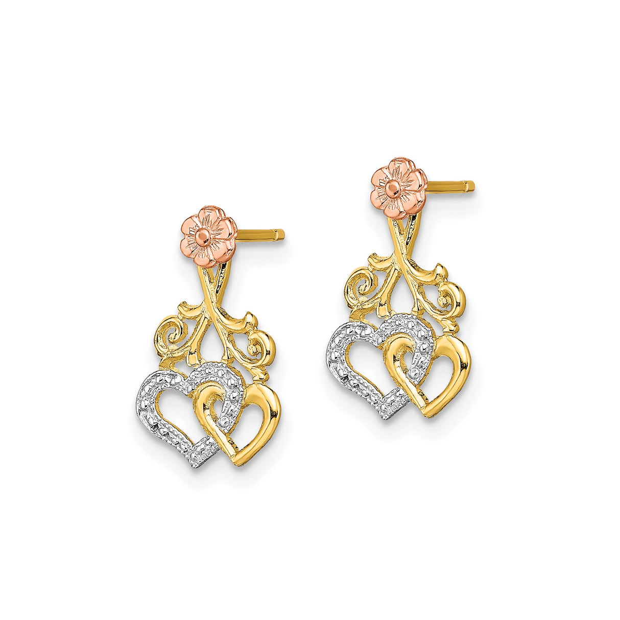 14k Two Tone Gold Earrings with Intertwined Open Hearts and Rose Flower Filigree Design