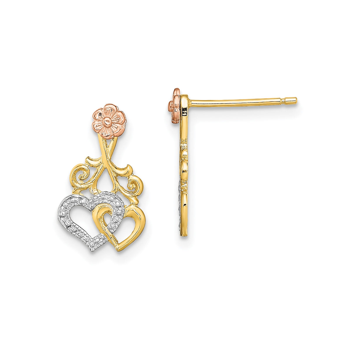 14k Two Tone Gold Earrings with Intertwined Open Hearts and Rose Flower Filigree Design