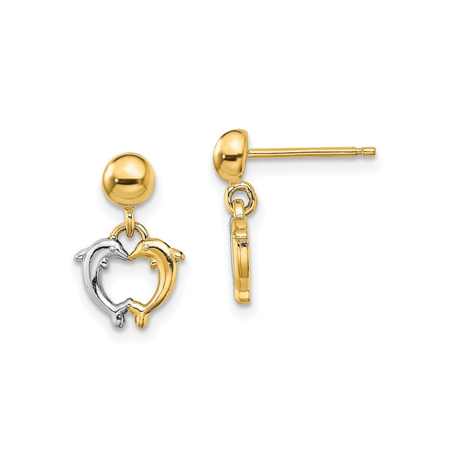 14k Yellow Gold Dolphin Heart Dangle Earrings, Nautical Romantic Design for Women