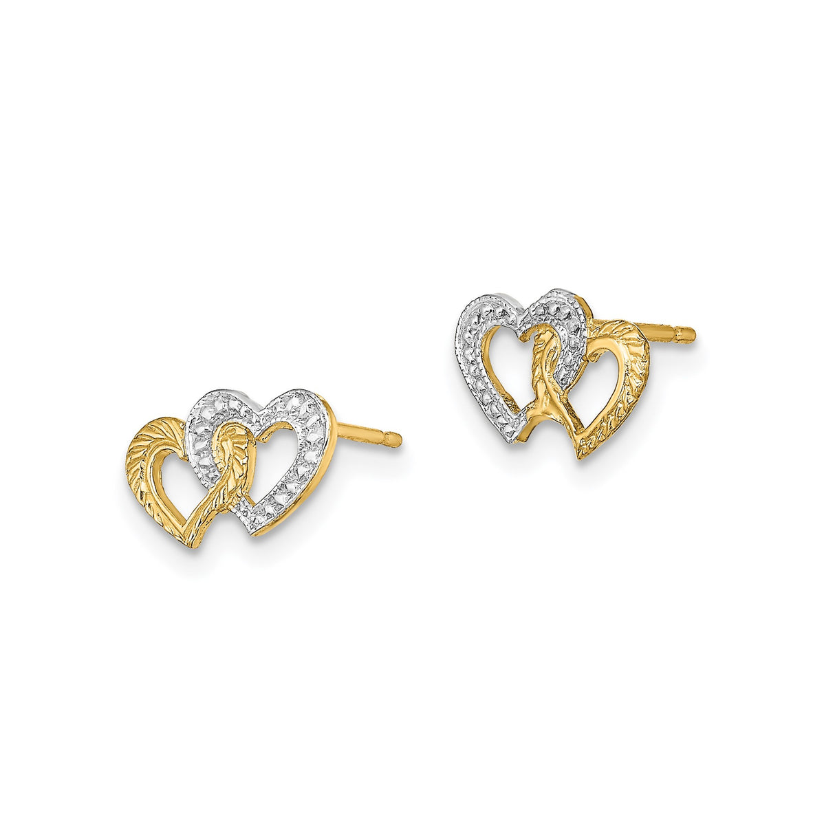 14k Yellow Gold Intertwined Heart Stud Earrings, Two-Tone Textured Heart Design for Women
