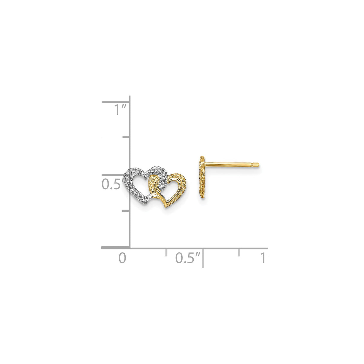14k Yellow Gold Intertwined Heart Stud Earrings, Two-Tone Textured Heart Design for Women