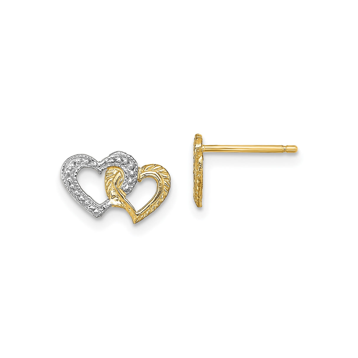 14k Yellow Gold Intertwined Heart Stud Earrings, Two-Tone Textured Heart Design for Women