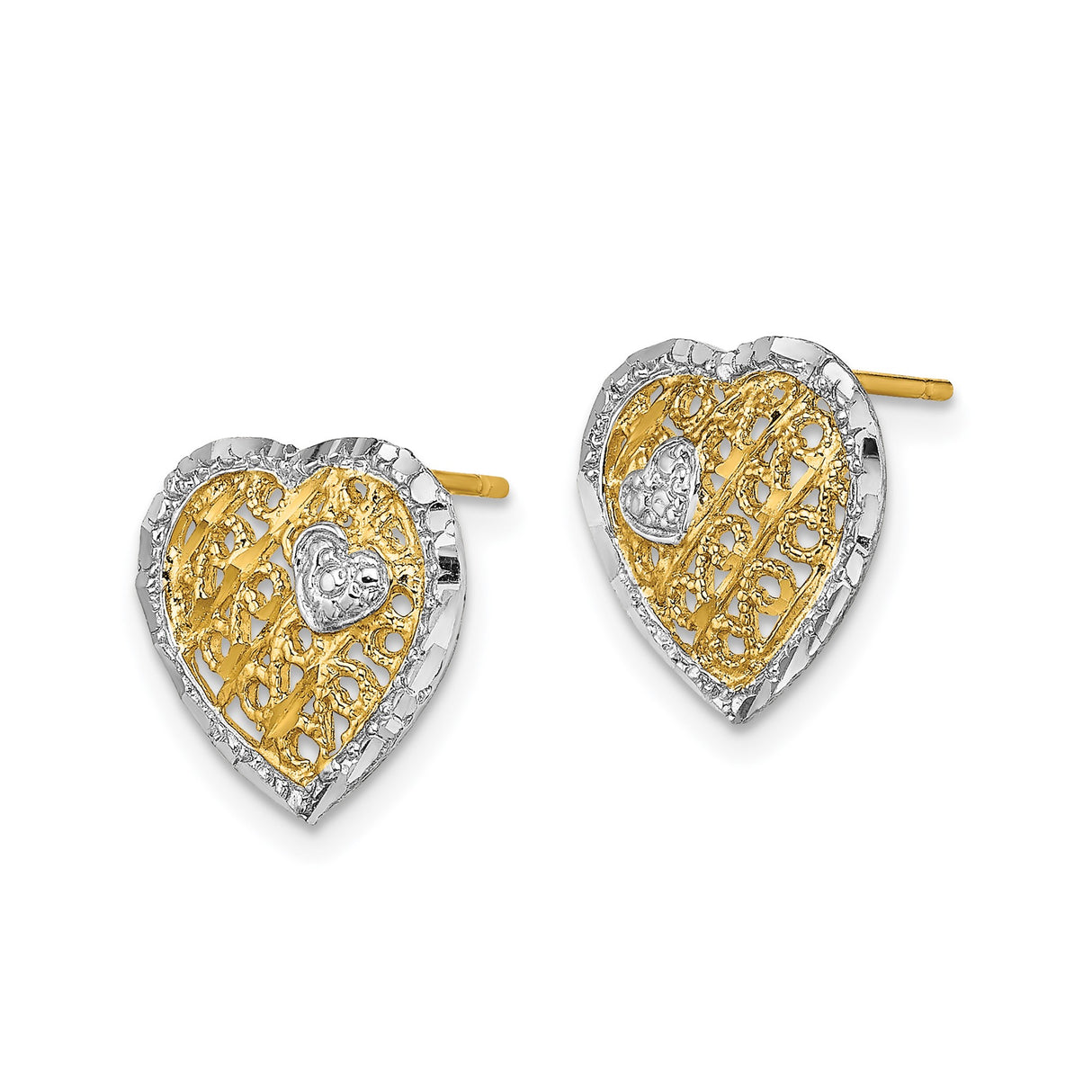 14k Yellow Gold Heart Stud Earrings with Rhodium and Textured Filigree Design