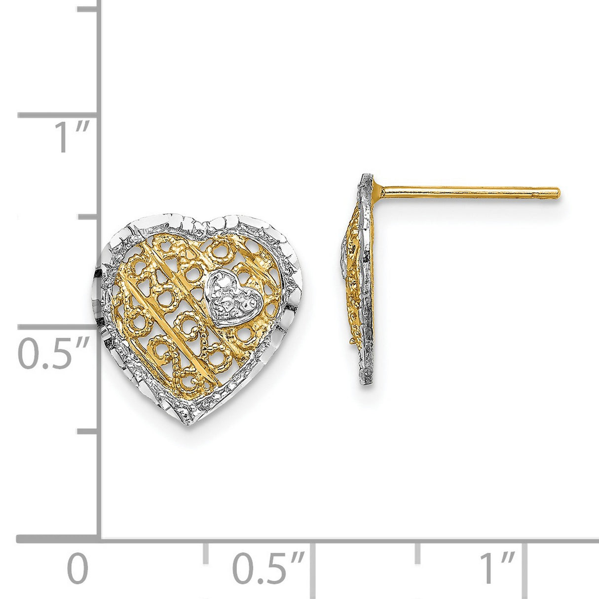 14k Yellow Gold Heart Stud Earrings with Rhodium and Textured Filigree Design