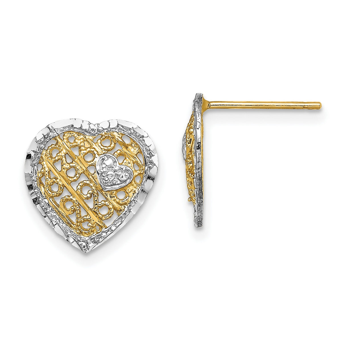 14k Yellow Gold Heart Stud Earrings with Rhodium and Textured Filigree Design