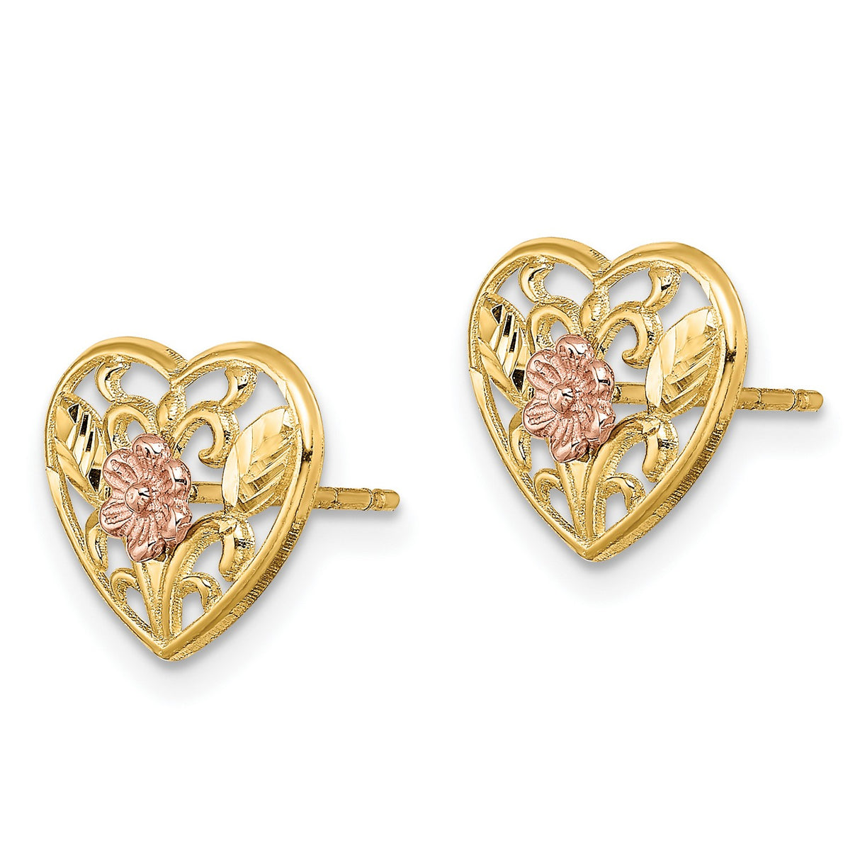 14k Two-Tone Gold Heart Stud Earrings with Rose Flower and Leaf Filigree Design