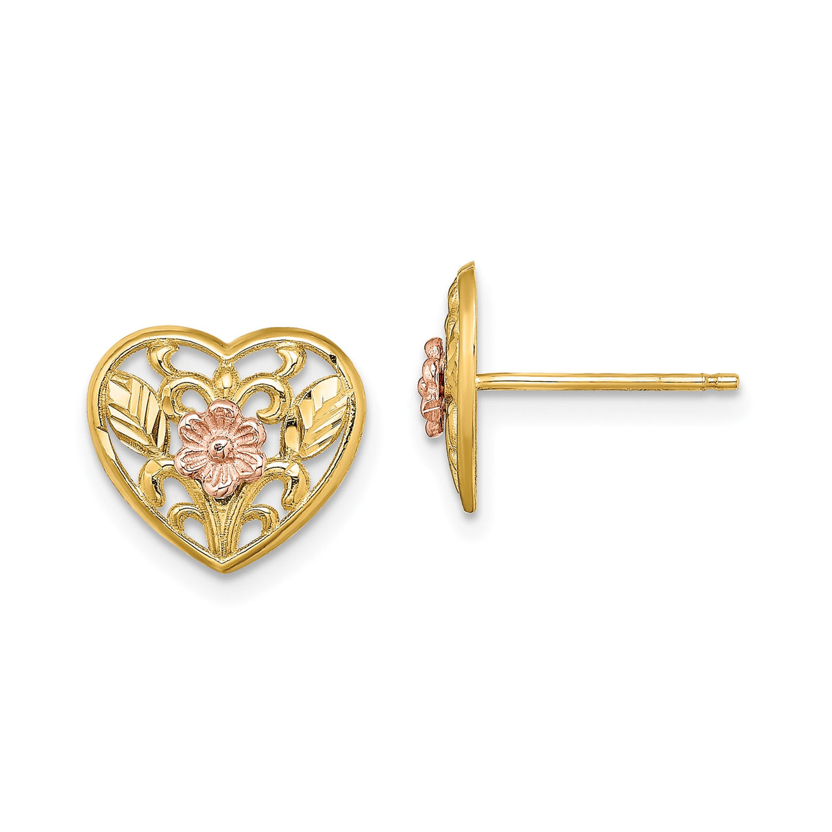 14k Two-Tone Gold Heart Stud Earrings with Rose Flower and Leaf Filigree Design
