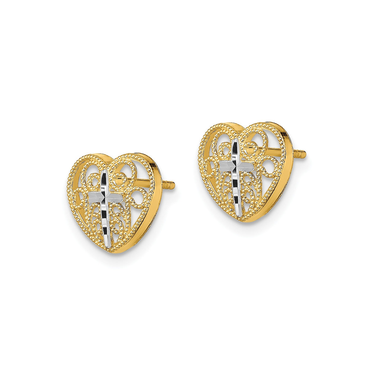14k Yellow Gold Heart Shaped Stud Earrings with Filigree and Christian Cross Design