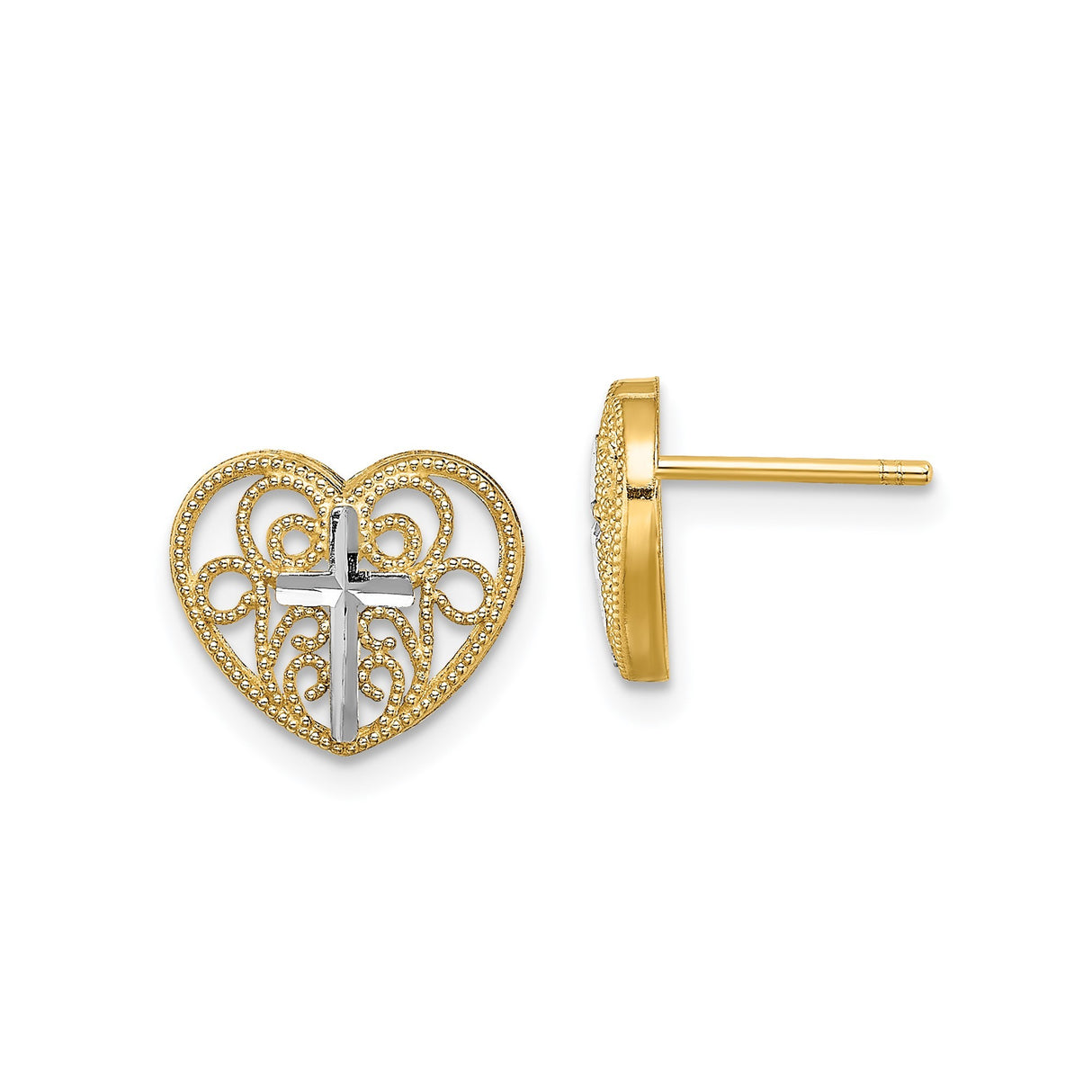 14k Yellow Gold Heart Shaped Stud Earrings with Filigree and Christian Cross Design